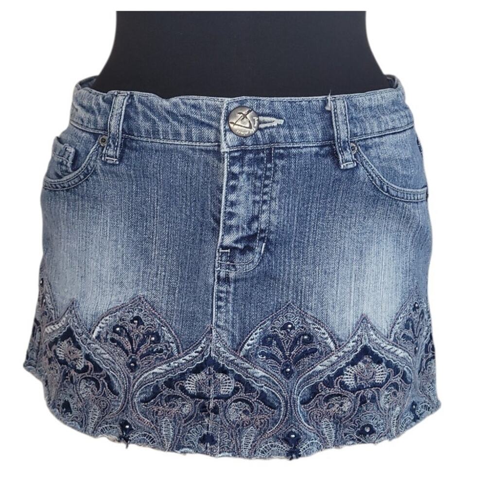 Vintage Denim Mini Skirt Jeweled Spade Embroidery Large